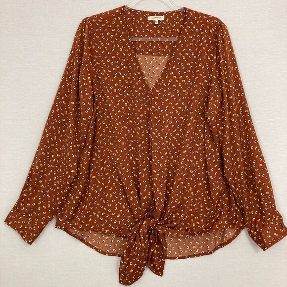 Max Studio Brown Polka Dot V Neck Tie Front Long Sleeve Button Down Large - Picture 1 of 11